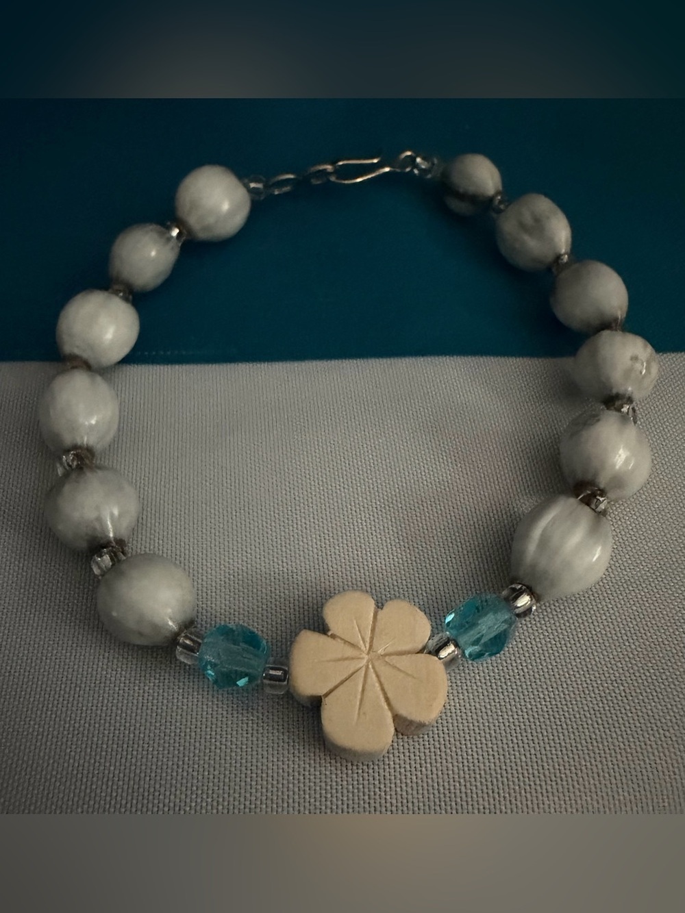 Job’s Tears Seed Bracelet with Turquoise Crystal Accents and Flower Charm